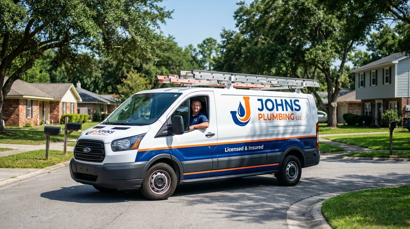 Johns Plumbing LLC service van in Lake City, PA