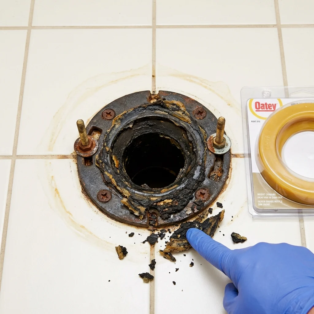 Failed wax ring showing water seepage at the base of a toilet in a Lake City, PA home