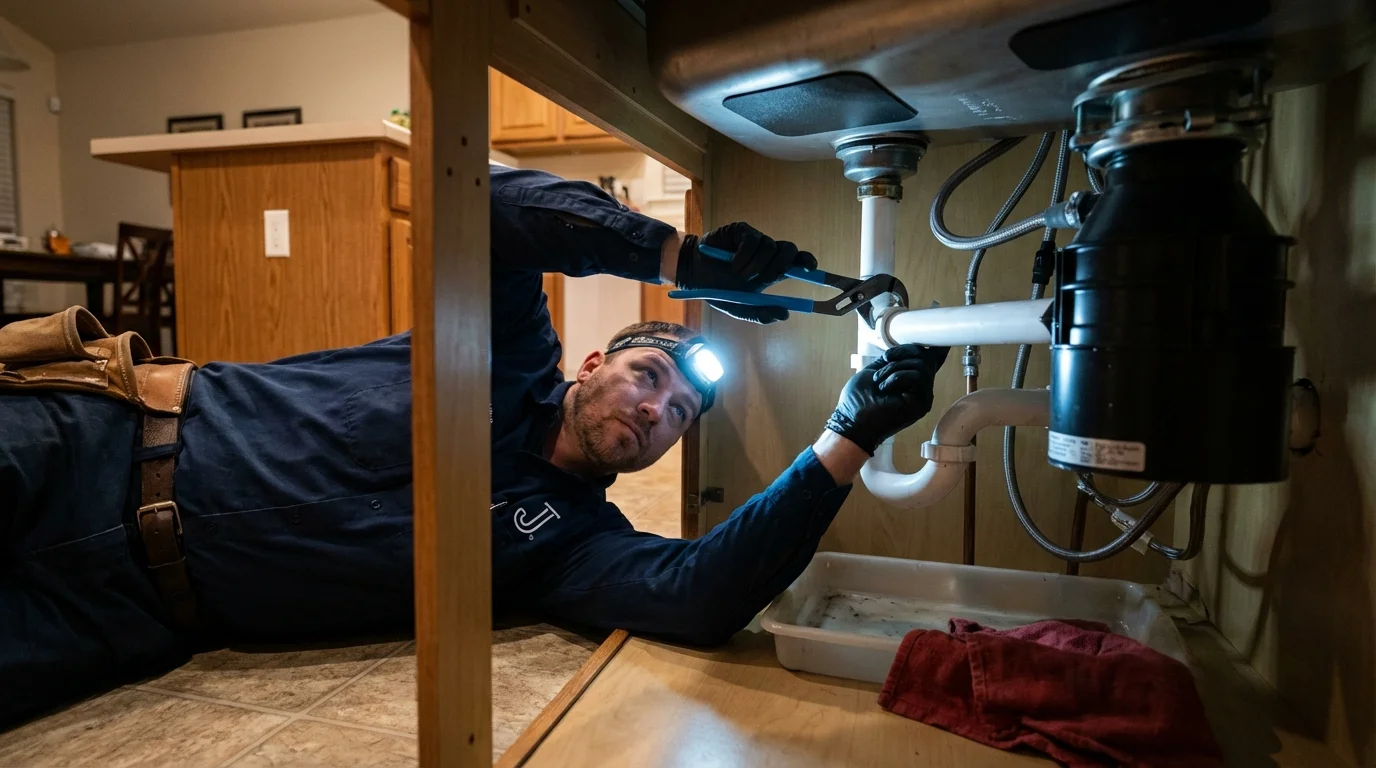 P-trap and supply line connections under a kitchen sink showing a common leak point in Lake City, PA